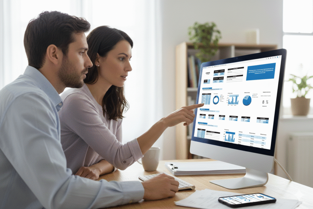 Couple examinant leur budget mensuel sur un écran d'ordinateur de bureau, tout en vérifiant simultanément les données financières synchronisées sur un smartphone.